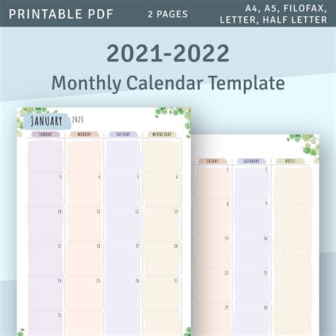 2021 2022 Monthly Calendar Printable Template Download 2021 Etsy