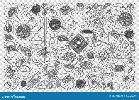 Chinese Food Doodle Set Stock Vector Illustration Of Drawing 194798623