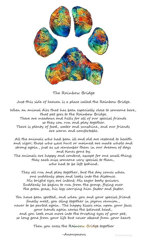 Just this side of the rainbow bridge there is a land of meadows, hills and valleys with lush green grass. "Rainbow Bridge Poem With Colorful Paw Print by Sharon ...