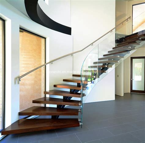 Modern Wood Glass Tread Steel Curved Staircase Circular Stairs Glass
