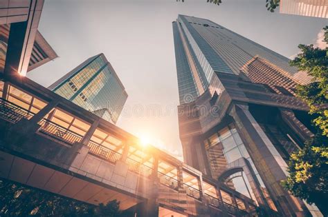 Futuristic Cityscape View With Skyscrapers At Sunset Hong Kong Stock
