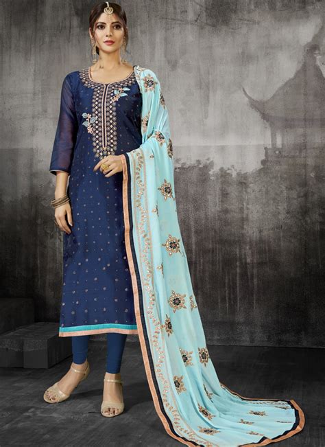 Shop Silk Embroidered Churidar Designer Suit In Blue Online 123550 Salwar Kameez
