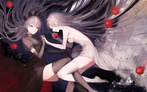 Two Gray Haired Female Anime Characters Wallpaper Apples Pantyhose Dress Original Characters