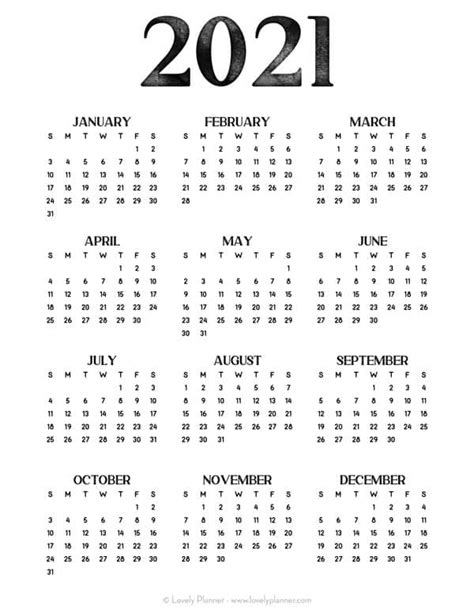 24 Pretty And Free Printable One Page Calendars For 2021 Lovely Planner