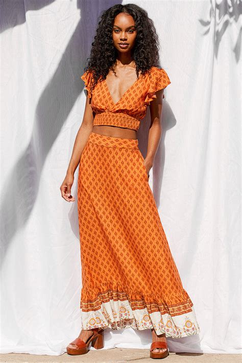 Orange Multi Print Dress 2 Piece Dress Ruffled Maxi Dress Lulus