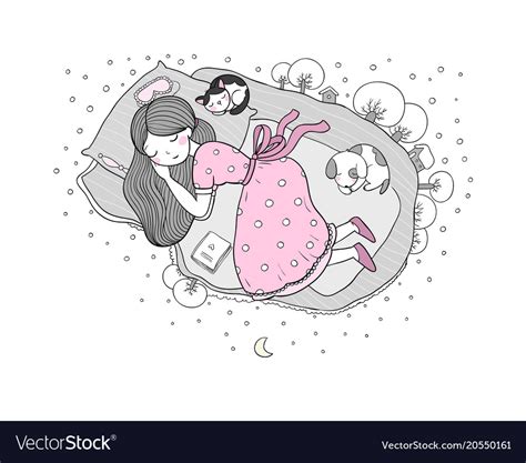 Girl Cats And Dog Sleep In Bed Good Night Vector Image