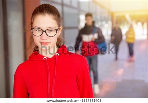Cute Teen Girl Glasses Walking Outside Stock Photo 1837881403