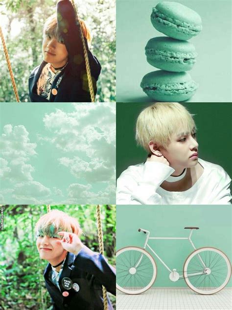 Bts Bangtan Kim Taehyung Mint Green Aesthetic Collage Wallpaper By