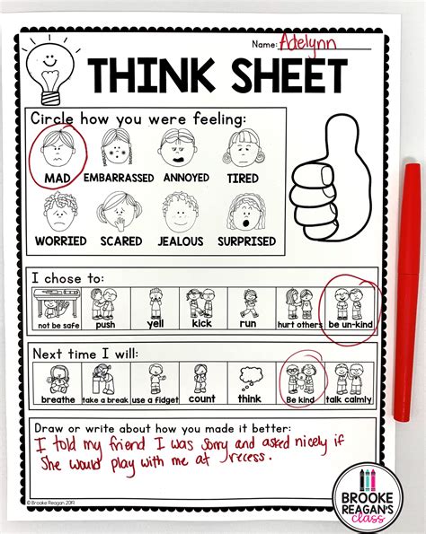 Kindergarten Behavior Reflection Sheet