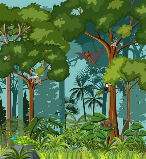 Escena De La Selva Tropical Con Varios Animales Salvajes 2811917