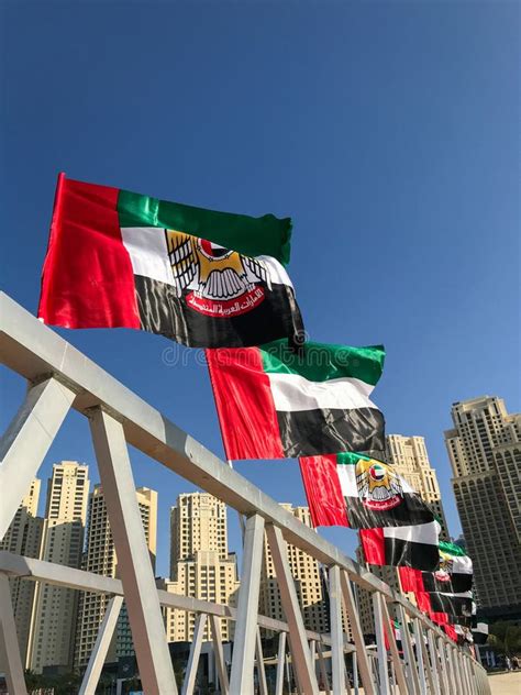 Uae National Day Celebration With Flags Around City In Dubai Stock