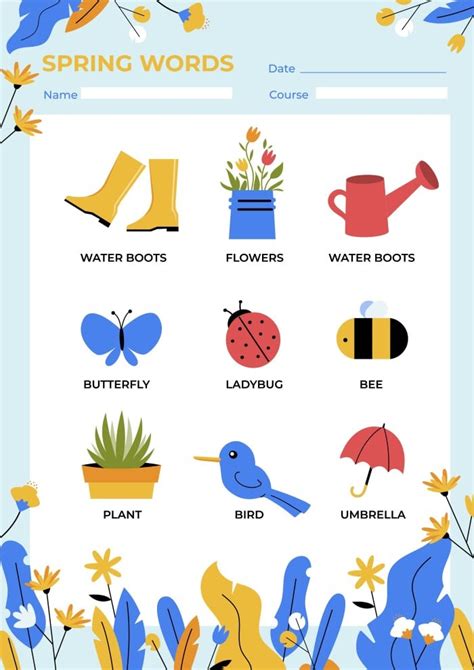Free Creative Floral Vocabulary Spring Worksheet To Download