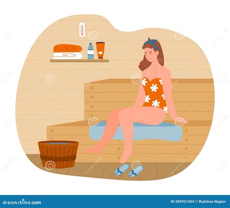 Young Female Character Is Relaxing In Hot Sauna Bath Stock Vector Illustration Of Care