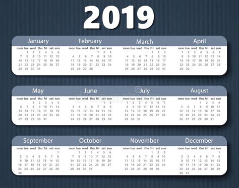 Calendar 2019 Year Vector Design Template Week Starting On Monday