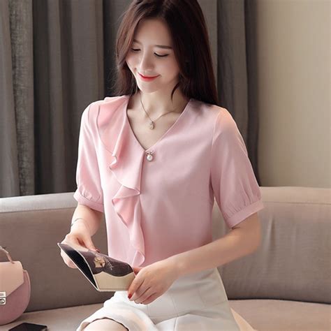 korean chiffon blouses women ruffles shirt tops plus size woman v neck beading blouse woman v