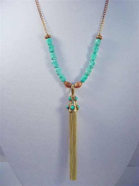 Long Statement Necklace With Turquoise Studded Tassel And Etsy