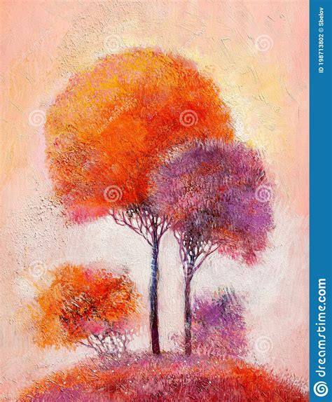 Oil Painting Landscape Colorful Autumn Trees Abstract Style Stock