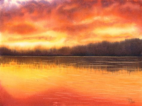 Sunset Lake Original Watercolor Painting By Cathy Hillegas Etsy