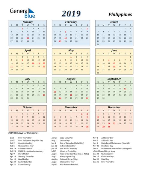 2019 Philippines Calendar With Holidays