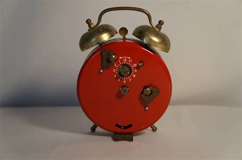 Early 60s Steel Wind Up Alarm Clock Fire Engine Red With Skeleton Face