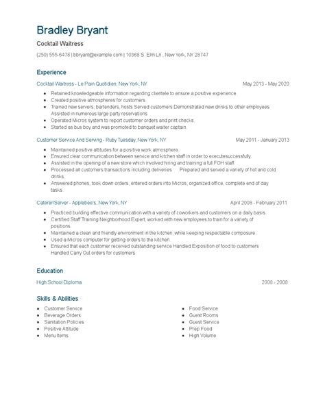 Cocktail Waitress Resume Examples And Tips Zippia