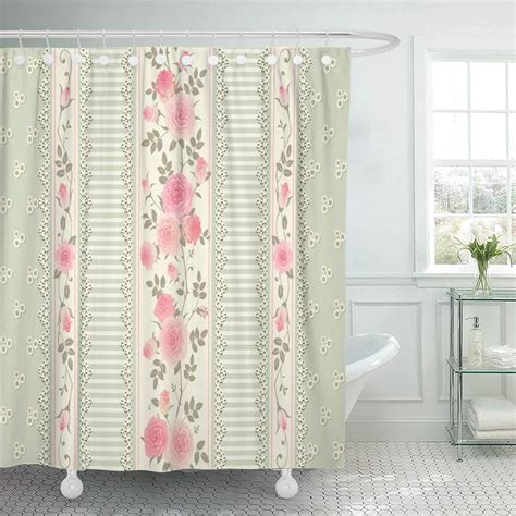 Pknmt Green Delicate Floral Pattern Laces Stripes Pink Roses Shabby Chic Style Bathroom Shower