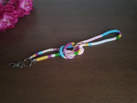 Order custom lanyards in a variety of widths and clip options! Pastel color beaded crochet rope lanyard, ID holder, ID ...