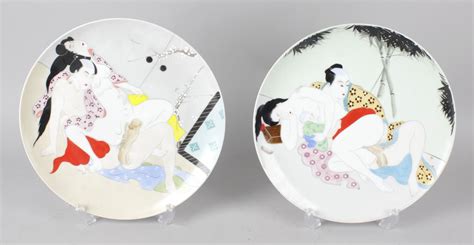 Three 20th Century Japanese Porcelain Erotic Or Shunga Plates Each Decorated With An Amorous C