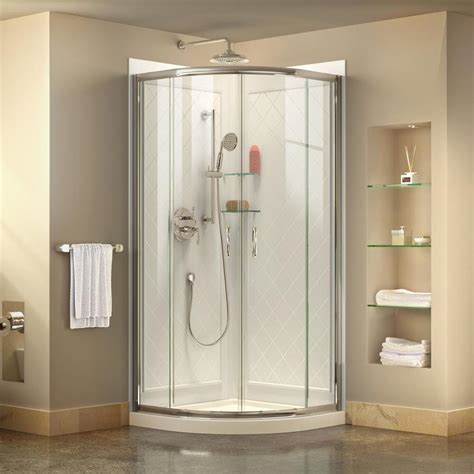 When designing outdoor shower stalls, like any bathroom shower designs, there are many things to consider. DreamLine Prime White Acrylic Wall Floor Round 3-Piece Corner Shower Kit (Actual: 76.75-in x 33 ...