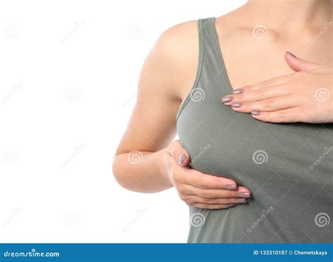 woman checking her breast on white background closeup stock image image of mammology