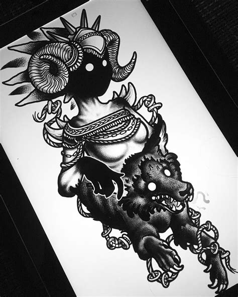 Darkhead Tattoo Design Blackwork Monster Creature Creepy Dotwork Girl