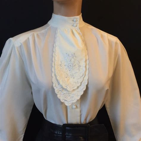 M Vintage Silky Ivory High Neck Ascot Blouse 41 Bust Embroidered