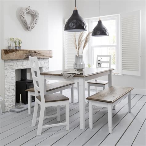 After building a dining table for our breakfast area, i've built and created plans for a diy dining table bench with curved legs. Canterbury Dining Table in White & Dark Pine | Noa & Nani
