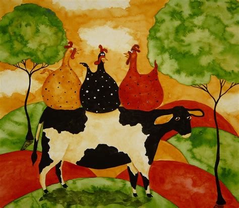 Hubbs Children Art Folk Prints Farm Animals Cow By Debihubbs