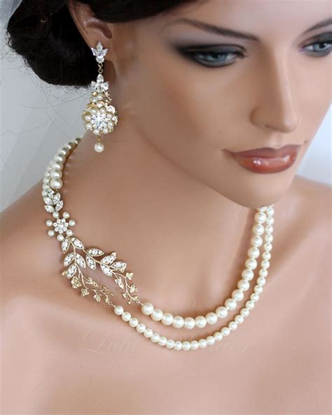 Wedding Pearl Necklace Vine Leaf Gold Bridal Necklet Swarovski Ivory