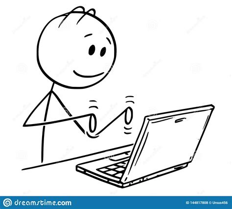 Cartoon Of Man Working And Typing On Laptop Computer Stock
