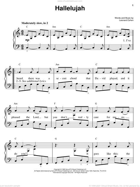 Leonard Cohen Hallelujah Sheet Music Easy Piano In C Major