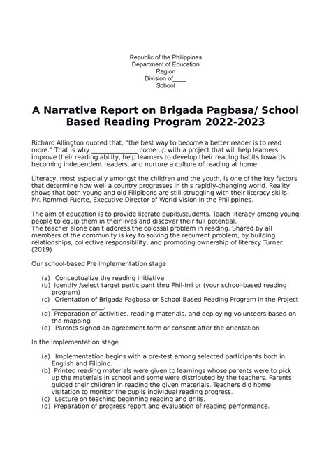 Brigada Eskwela Narrative Report Department Of Education Region Vi
