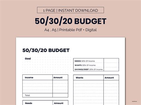 503020 Budget Template Printable Monthly Budget Planner 503020 Rule