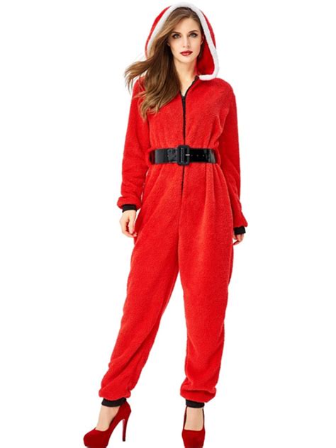 Women S Red Christmas Hooded Jumpsuit Santa Claus Party Costume For