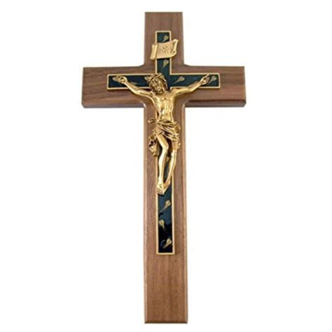 Walnut Wood Crucifix With Floral Epoxy Cross Overlay And Gold Toned