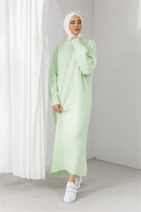 Oversize Salaş Fıstık Yeşili Triko Elbise