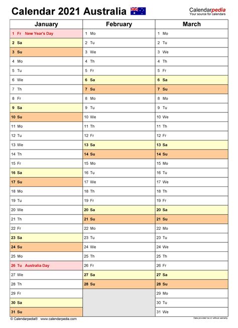 Australia Calendar 2021 Free Printable Word Templates