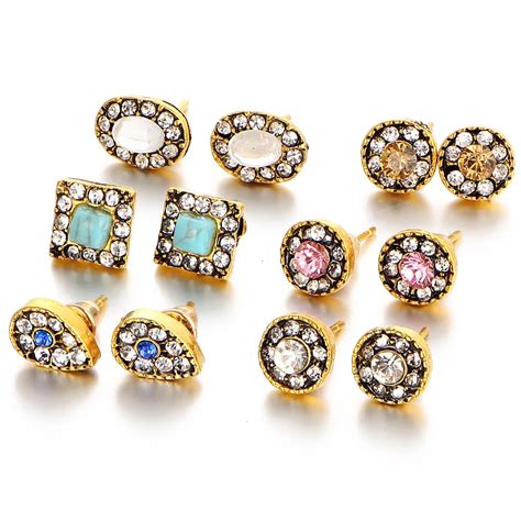 Women Vintage Earrings Stud Pairs A Set Crystals And Turqoise Simple