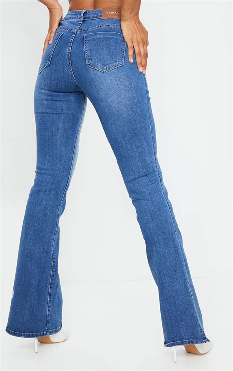 Dark Wash Split Hem Flare Jeans Denim Prettylittlething Usa