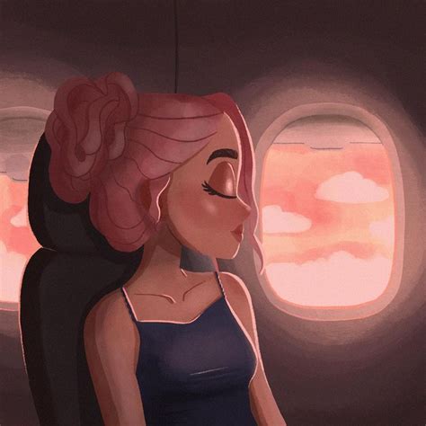 A Woman With Pink Hair Sitting In An Airplane Seat Looking Out The