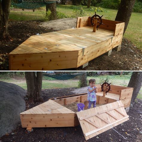 Boat Shaped Sandbox With Lid And Built In Storage Compartment For Toys