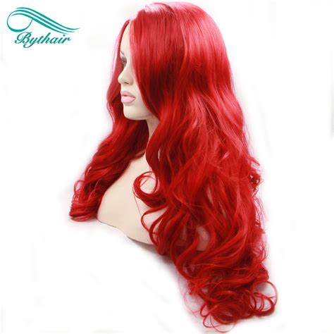 Bythairshop Long Body Wave Amaranth Red Synthetic Lace Front Wig Half