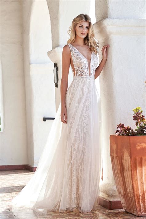 T212066 Beautiful Lace And Sequin Wedding Dress With Low V Neckline