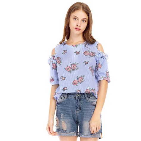 Shoulderless 2017 Summer Womens Tops And Blouses Fashion O Neck Floral
